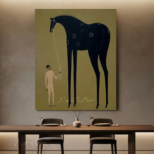 A large hand-painted abstract folk oil painting of a slender black horse and groom on an olive green background, hung above a wooden dining table in a luxury restaurant setting.