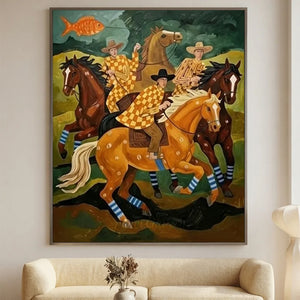 100% handmade folk art horse oil painting in retro tones featuring multiple riders and a golden fish, framed in a sleek black border by Nomi Gallery