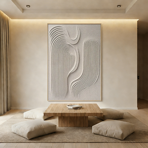 Hand-painted 3D geometric texture oil painting featuring cream-colored rhythmic sand-like lines, styled above a neutral sofa in a minimalist Wabi-Sabi living room.