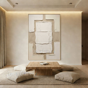 100% hand-painted minimalist textured geometric abstract oil painting featuring heavy impasto cream white blocks on a neutral sand beige background, styled in a modern living room setting as pictured in Geometric-Block-Painting-for-room-decor.jpg and Geometric-Block-Painting-for-modern-wall-decor.jpg.