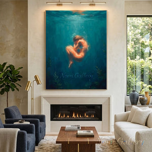 A hand-painted oil painting with a textured finish, showing a young woman floating in a fetal-like pose in deep, mystical turquoise water. Her body is illuminated with a soft, glowing orange and coral hue, creating a contrast with the dark blue-green surroundings and scattered water bubbles. Sea plants are visible at the bottom.