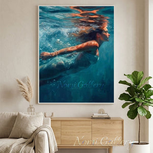 Vibrant handmade impressionist oil painting of a woman swimming underwater in the deep blue sea, with realistic light bubbles and warm sun reflections on ripples.