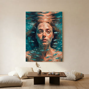 High-quality handmade impressionist oil painting showing a close-up underwater portrait of a woman's face covered in shimmering sunlight ripples, surrounded by a school of small silver fish in a deep teal sea.