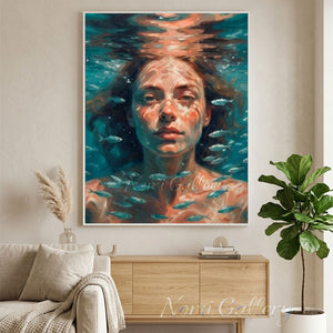 Handmade Impressionist Underwater Woman Portrait Oil Painting #SS273
