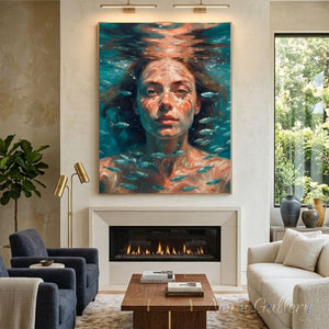 Handmade Impressionist Underwater Woman Portrait Oil Painting #SS273