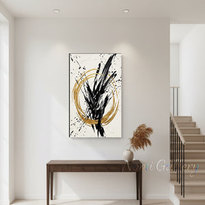 Handmade Gold Foil Textured Circle Abstract Canvas Art #SS186