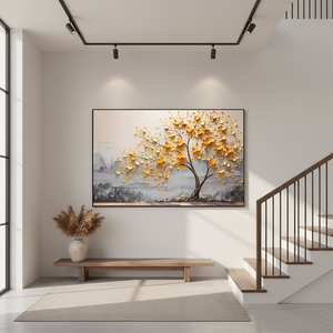 Hand-painted 3D textured golden tree with thick impasto blossoms on a grey and cream abstract background, styled in a minimalist modern living room.