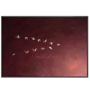 Graceful Flight: Minimalist Birds Oil Painting on Burgundy Sky #NM513