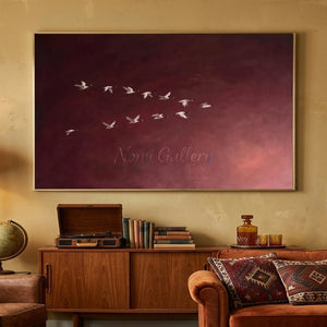 Graceful Flight: Minimalist Birds Oil Painting on Burgundy Sky #NM513
