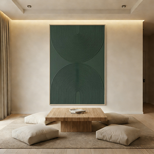 A hand-painted 3D textured oil painting in deep forest green featuring two symmetrical vertical arcs with fine rhythmic lines, creating a relief effect in a modern minimalist interior.