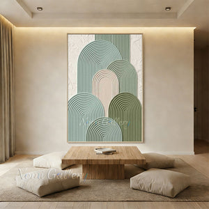 100% hand-painted minimalist textured geometric abstract oil painting featuring heavy impasto sage and olive green arches on a plaster white background, styled as a premium statement piece on a modern staircase gallery wall as visualized in Green-Minimalist-Painting-for-room-decor.jpg and Green-Minimalist-Painting-for-staircase-gallery-wall.jpg.