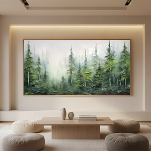 Hand-painted 3D textured abstract painting of a misty pine forest in shades of green and white, displayed in a modern minimalist zen-style living room.