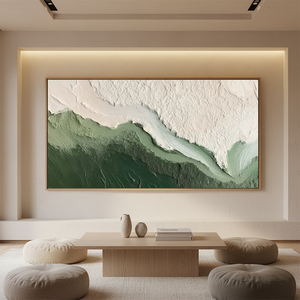 Hand-painted 3D abstract texture art with bold emerald green and white strokes, displayed in a bright modern living room with a grey sofa.