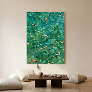 Green Sea Swimmers Painting - Textured Emerald Coast Wall Art #SS274