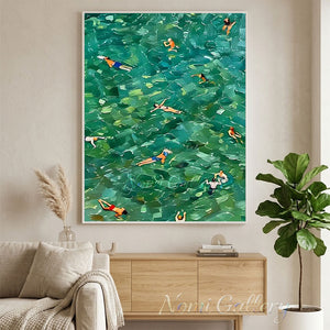 Minimalist handmade oil painting with watercolor effect showing a vertical stack of vibrant blue blueberries and one small green leaf on a clean white background.