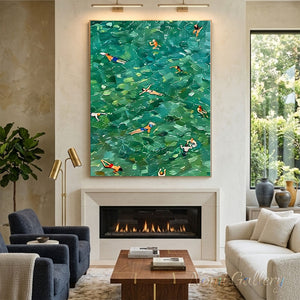 Green Sea Swimmers Painting - Textured Emerald Coast Wall Art #SS274