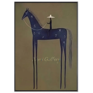 Abstract Folk Blue Horse Oil Painting Vintage Canvas Art #AA006