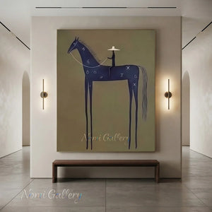 Abstract Folk Blue Horse Oil Painting Vintage Canvas Art #AA006