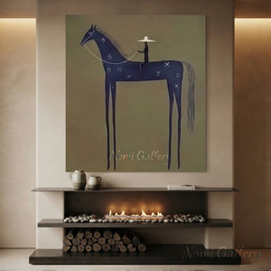 Abstract Folk Blue Horse Oil Painting Vintage Canvas Art #AA006