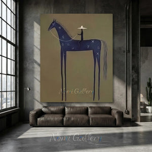 Abstract Folk Blue Horse Oil Painting Vintage Canvas Art #AA006