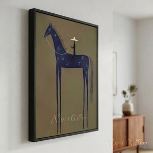 Abstract Folk Blue Horse Oil Painting Vintage Canvas Art #AA006