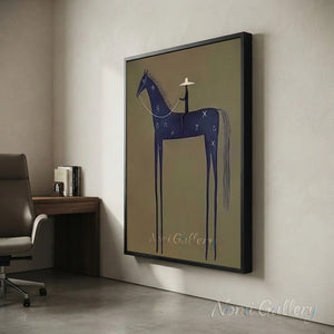 Abstract Folk Blue Horse Oil Painting Vintage Canvas Art #AA006
