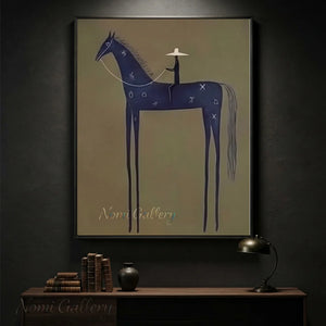 Abstract Folk Blue Horse Oil Painting Vintage Canvas Art #AA006