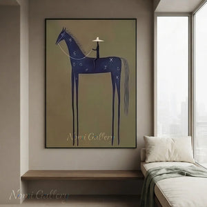 Abstract Folk Blue Horse Oil Painting Vintage Canvas Art #AA006