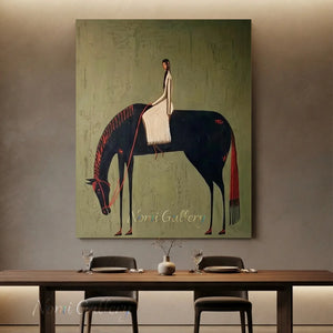 A large hand-painted Japandi Wabi-Sabi oil painting featuring a long-haired female rider in white sitting on a dark horse, hung above a dining table in an elegant modern restaurant.