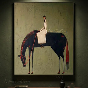 Abstract Folk Female Rider Horse Oil Painting Canvas Art #AA007