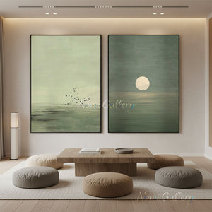 Refresh your interior with a Japandi nature landscape diptych oil painting. Handcrafted with green and neutral earth tones. Order your canvas today!