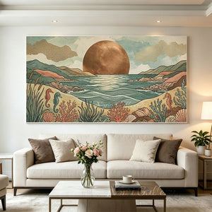 100% handmade boho coastal landscape oil painting featuring a golden sun, ocean waves, and coastal mountains in warm earth tones, displayed in a modern living room setting.