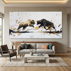 100% handmade bull and bear oil painting featuring a dynamic financial animal clash in neutral tones with gold accents, displayed in a modern executive office setting.