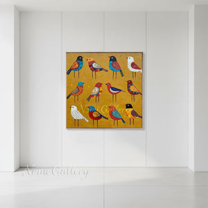 Handmade Folk Modern Colorful Birds Impasto Canvas Wall Art #TC048