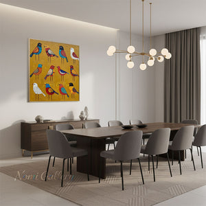 Handmade Folk Modern Colorful Birds Impasto Canvas Wall Art #TC048