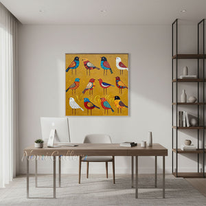 Handmade Folk Modern Colorful Birds Impasto Canvas Wall Art #TC048