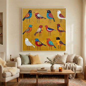 Handmade Folk Modern Colorful Birds Impasto Canvas Wall Art #TC048