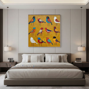 Handmade Folk Modern Colorful Birds Impasto Canvas Wall Art #TC048