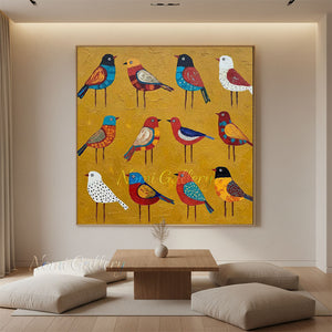 Premium handmade folk modern oil painting featuring twelve vibrant colorful birds arranged on a textured mustard yellow impasto background.