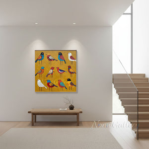 Handmade Folk Modern Colorful Birds Impasto Canvas Wall Art #TC048