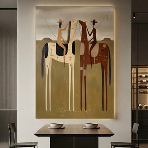 Large 100% handmade surrealism Western oil painting featuring two riders on horses in earth tones, framed in a sleek black border by Savy Canvas.
