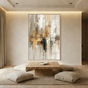 Hand-painted large abstract oil painting featuring gold leaf accents and earthy brown textures, displayed in a modern minimalist living room with warm lighting.