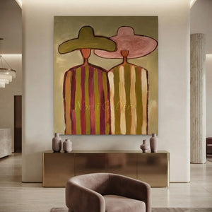 100% handmade minimalism figurative oil painting featuring two elegant figures in hats with earth tones, framed in a sleek black border by Savy Canvas.