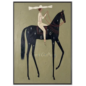 Abstract Folk Black Horse & Rider Oil Painting Canvas Art #AA008
