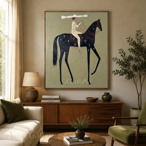 Abstract Folk Black Horse & Rider Oil Painting Canvas Art #AA008