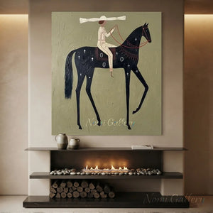 Abstract Folk Black Horse & Rider Oil Painting Canvas Art #AA008