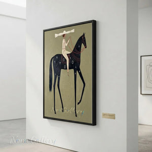 Abstract Folk Black Horse & Rider Oil Painting Canvas Art #AA008