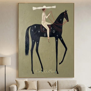 Abstract Folk Black Horse & Rider Oil Painting Canvas Art #AA008