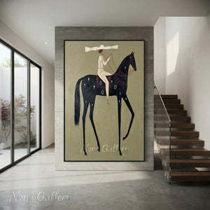 Abstract Folk Black Horse & Rider Oil Painting Canvas Art #AA008