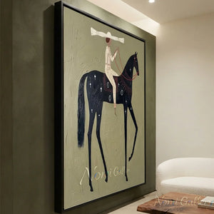 Abstract Folk Black Horse & Rider Oil Painting Canvas Art #AA008